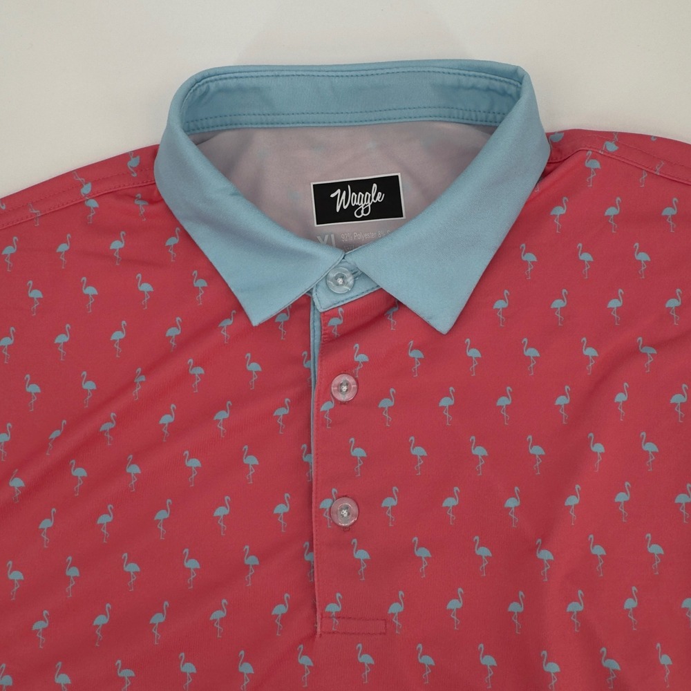 Waggle Golf Polo Shirt Mens XL Pink Blue Flamingo Print Short Sleeve Performance